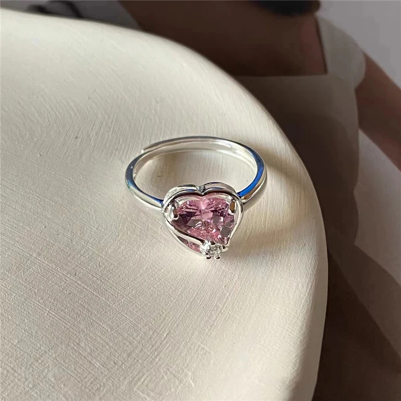 Korean fresh and sweet pink heart-shaped crystal sterling silver open ring simple and compact all-match dating essential jewelry