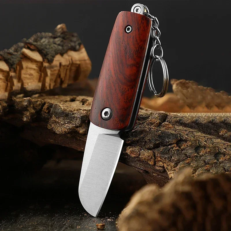 Portable Wooden Handle Folding Knife with Stainless Steel Blade, Keychain, Travel Camping Tools, Men\'s Gift Box