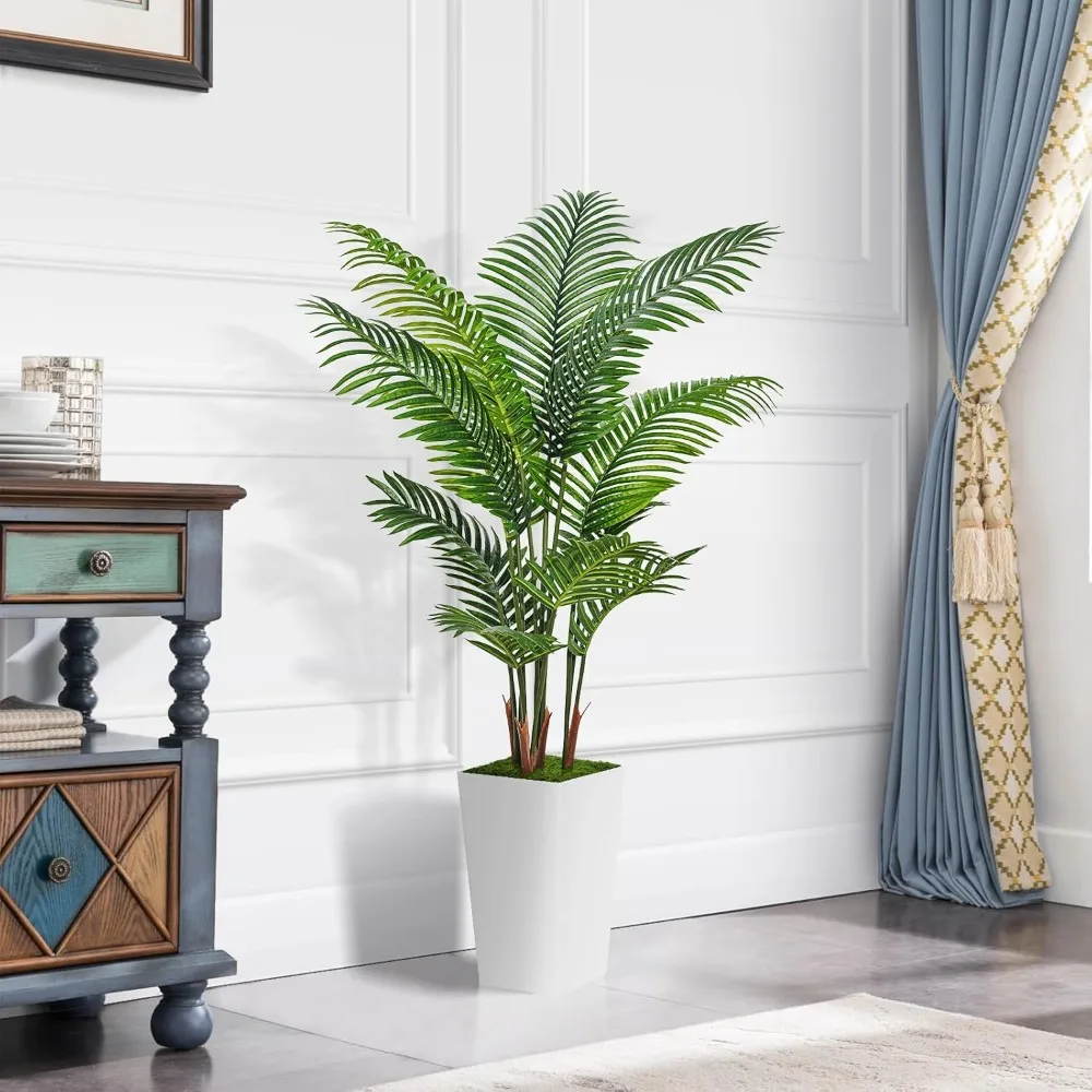 Tree 5FT-Fake Tree with White Tall Planter-Faux Tropical Areca Floor Plant in Pot-Artificial Silk Plant for Home Office Living