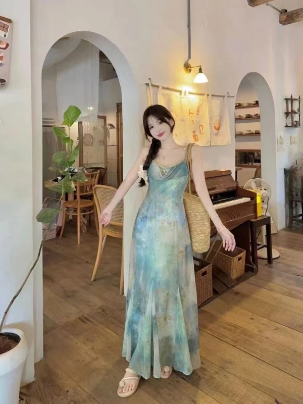 Verano Vaion Sle Strapl Dr Mujer Salida en la playa PINTURA AL ÓLEO BDING Falda acampanada Larga Dr Fairy T Ele