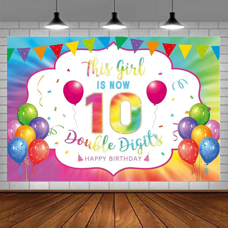 Backdrop For Tie Dye Girls Single Rainbow Happy Cheers To It's My 10 Years Old 10th Birthday Party Supplies Decor Background