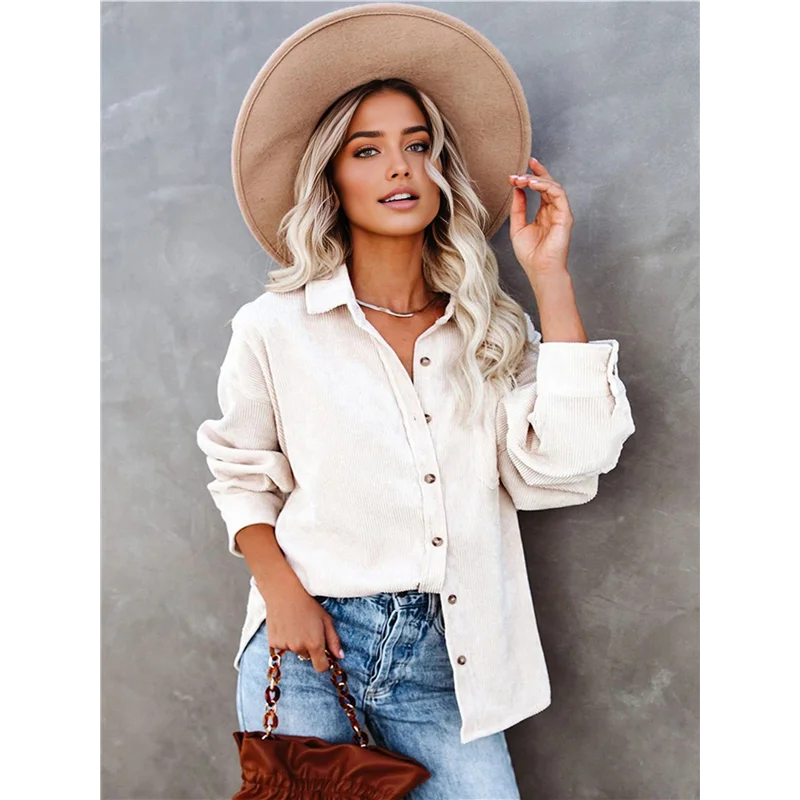 

AOAO-Womens Corduroy Button Down Shirts Boyfriend Long Sleeve Oversized Blouses Tops
