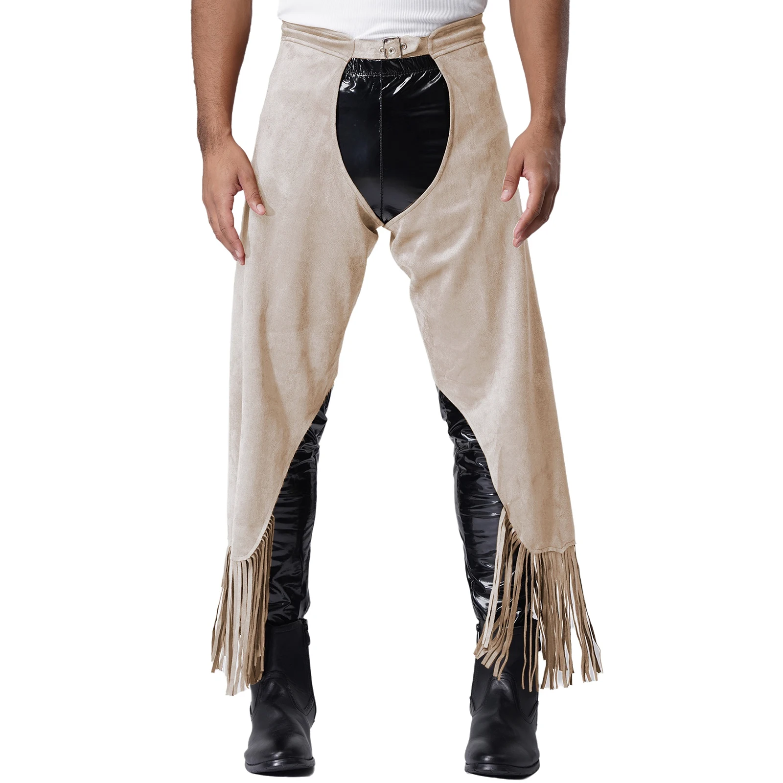 Męskie spodnie w stylu vintage, kowbojskie, z otwartym krokiem, bez pleców, z rozcięciem i frędzlami, idealne na Halloween, imprezy tematyczne i cosplay.