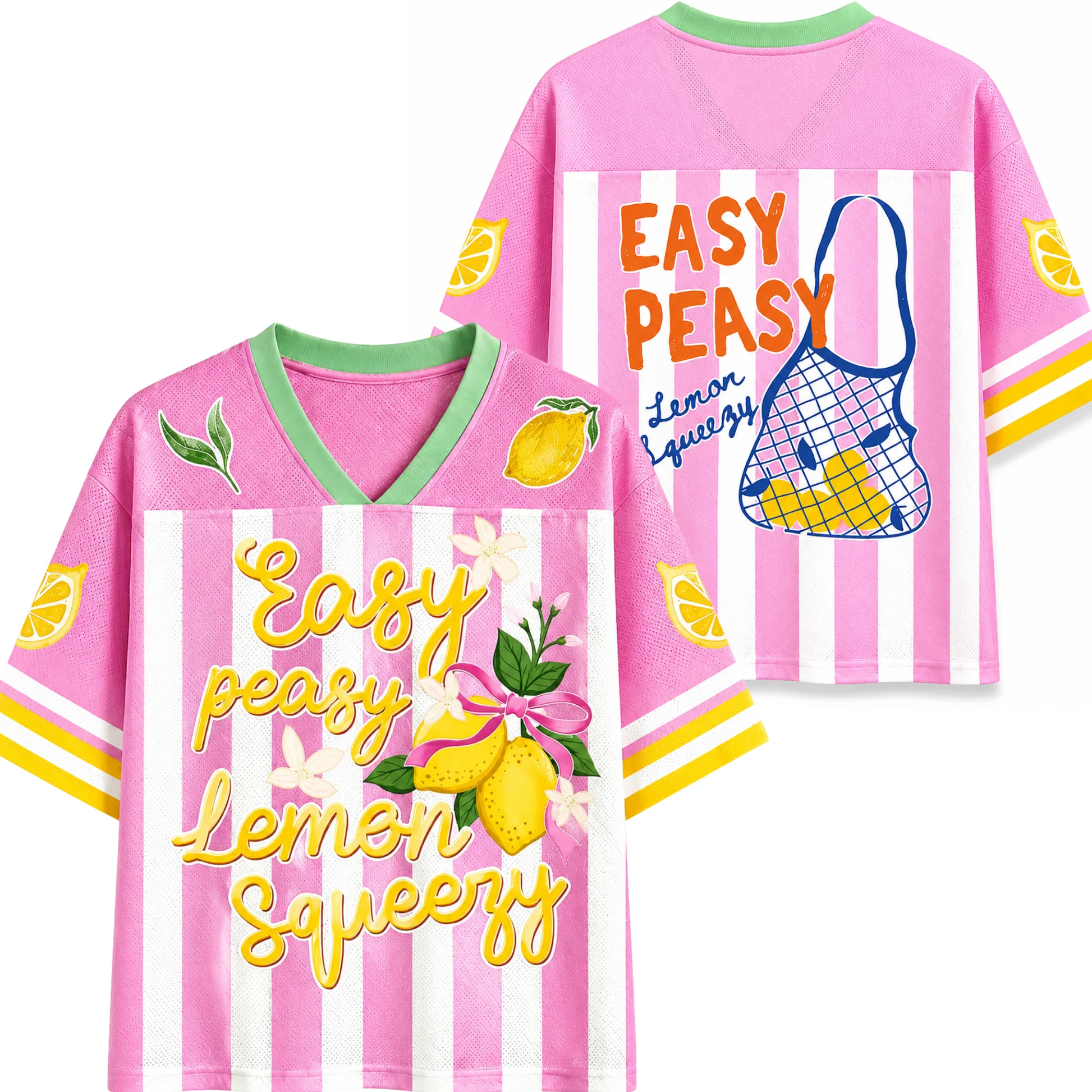 Cute Lemon Slogan Printed Football Jersey Floral Leaf Decor Mesh Oversized Preppy Summer Vacation Casual Sports Top
