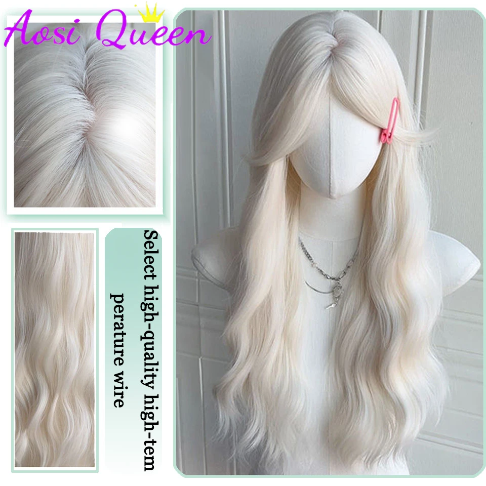 AOSI  Long Body Wave White Gold Cosplay Wigs Heat Resistant Synthetic Wigs Bangs Natural Lolita Wigs For Women