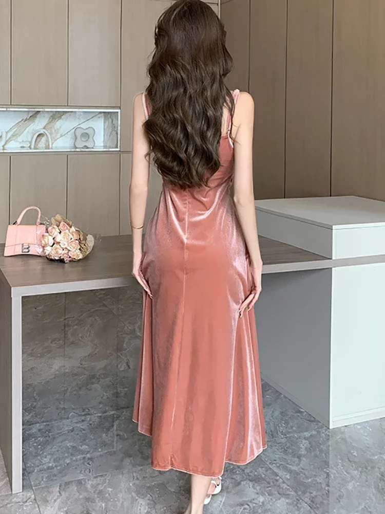 Women Pink Velvet Luxury Party Vestidos 2024 New Korean Fashion Sling Sexy Slit Long Dress Autumn Winter Elegant Bodycon Dresses