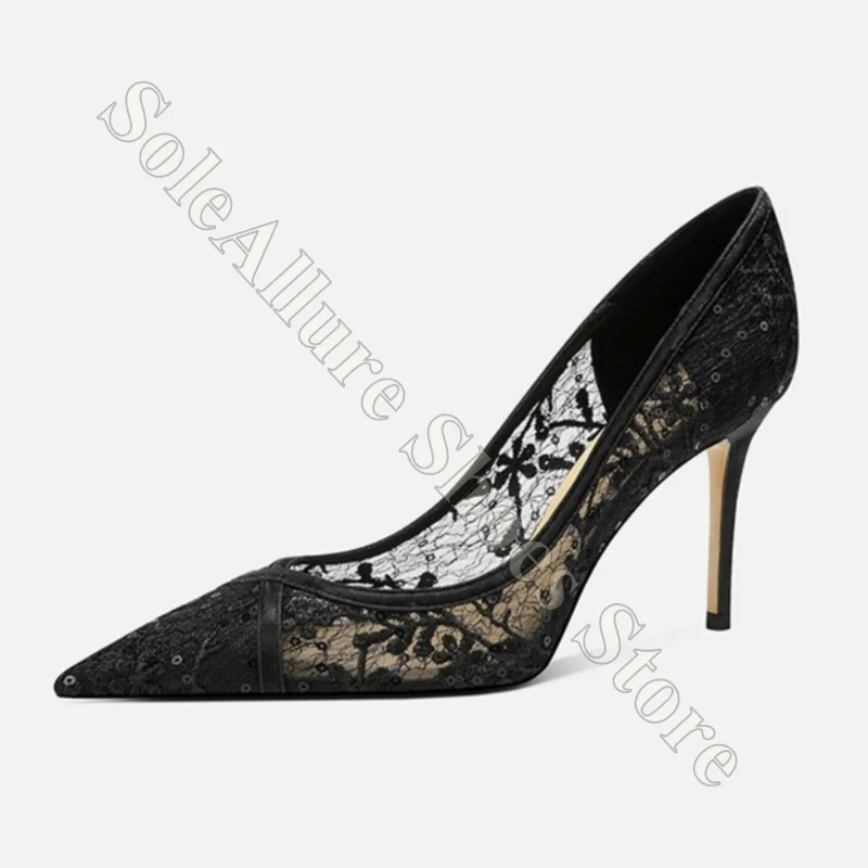Damen Schwarze Spitze Pailletten Spitze Pumps mit Hohem Absatz Elegante Stiletto-Absatz Party Hochzeitsschuhe