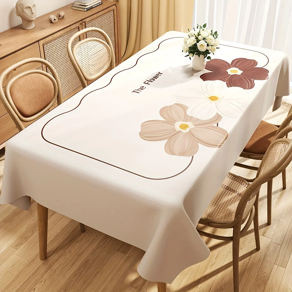 One elegant floral tablecloth - Three-Flower Design (daisy and striped arc shape), suitable for family dining.