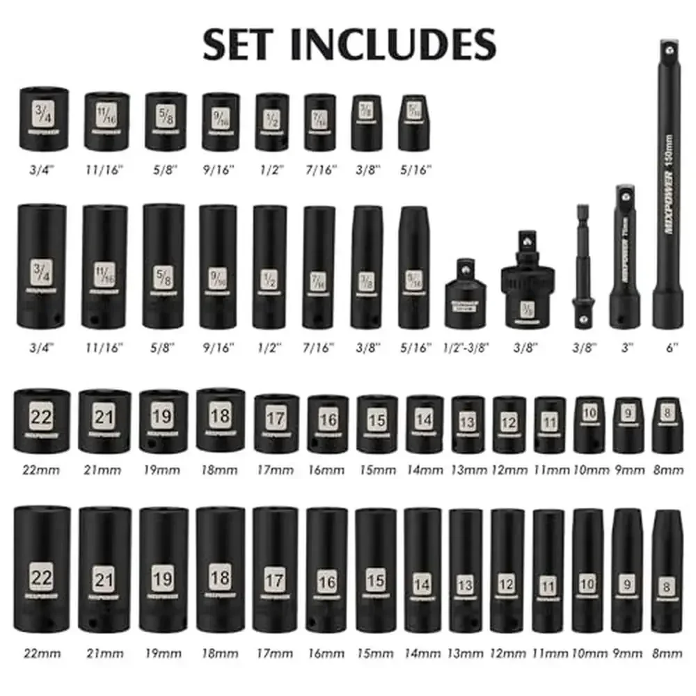 Deep Impact Socket Set 6 Point 49 Piece Standard SAE and Metric Sizes 3/8