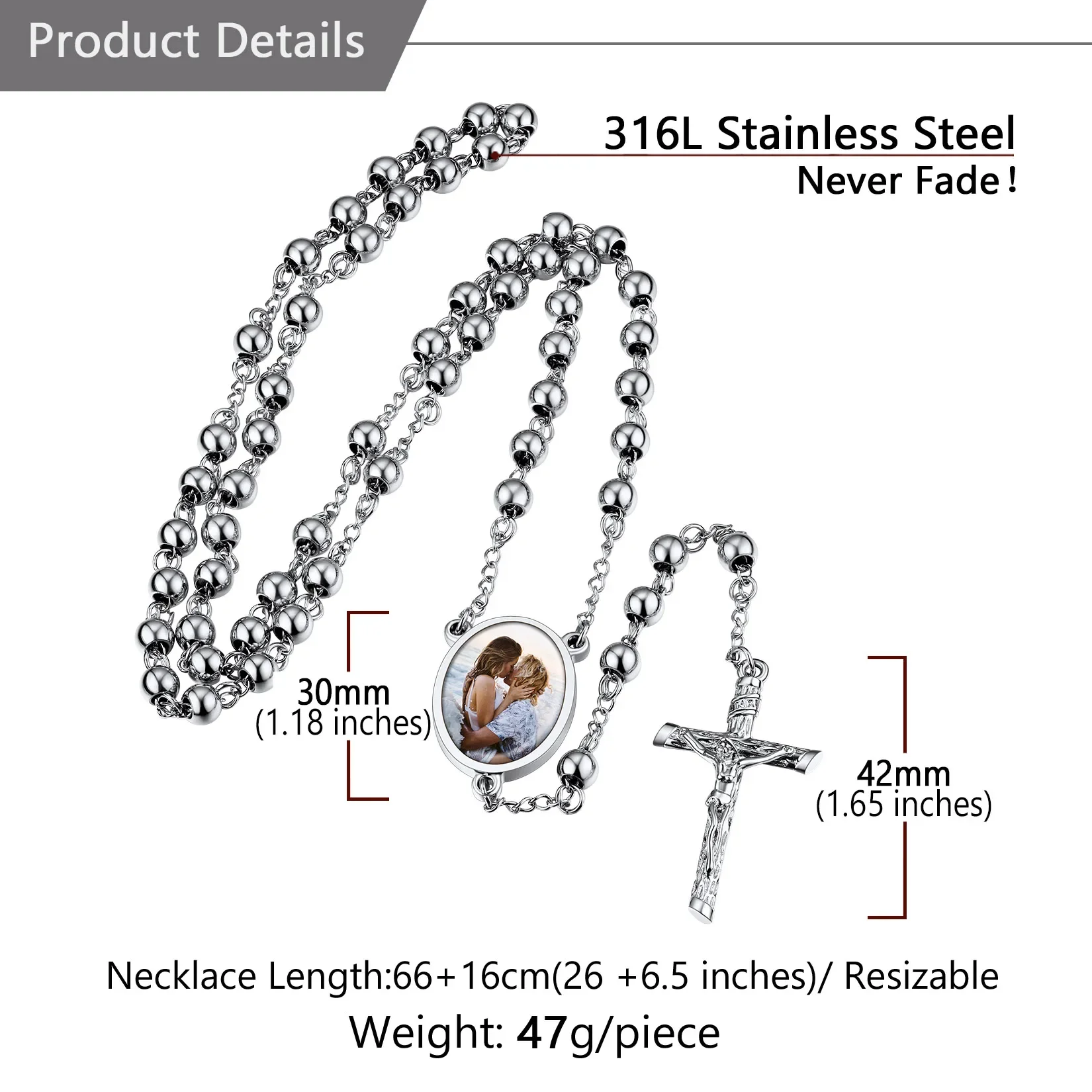 U7 Stainless Steel Metal Beaded Rosary Necklace Custom Photo Engrave Religious Catholic Cross Crucifix Personal Unisex Jewelry