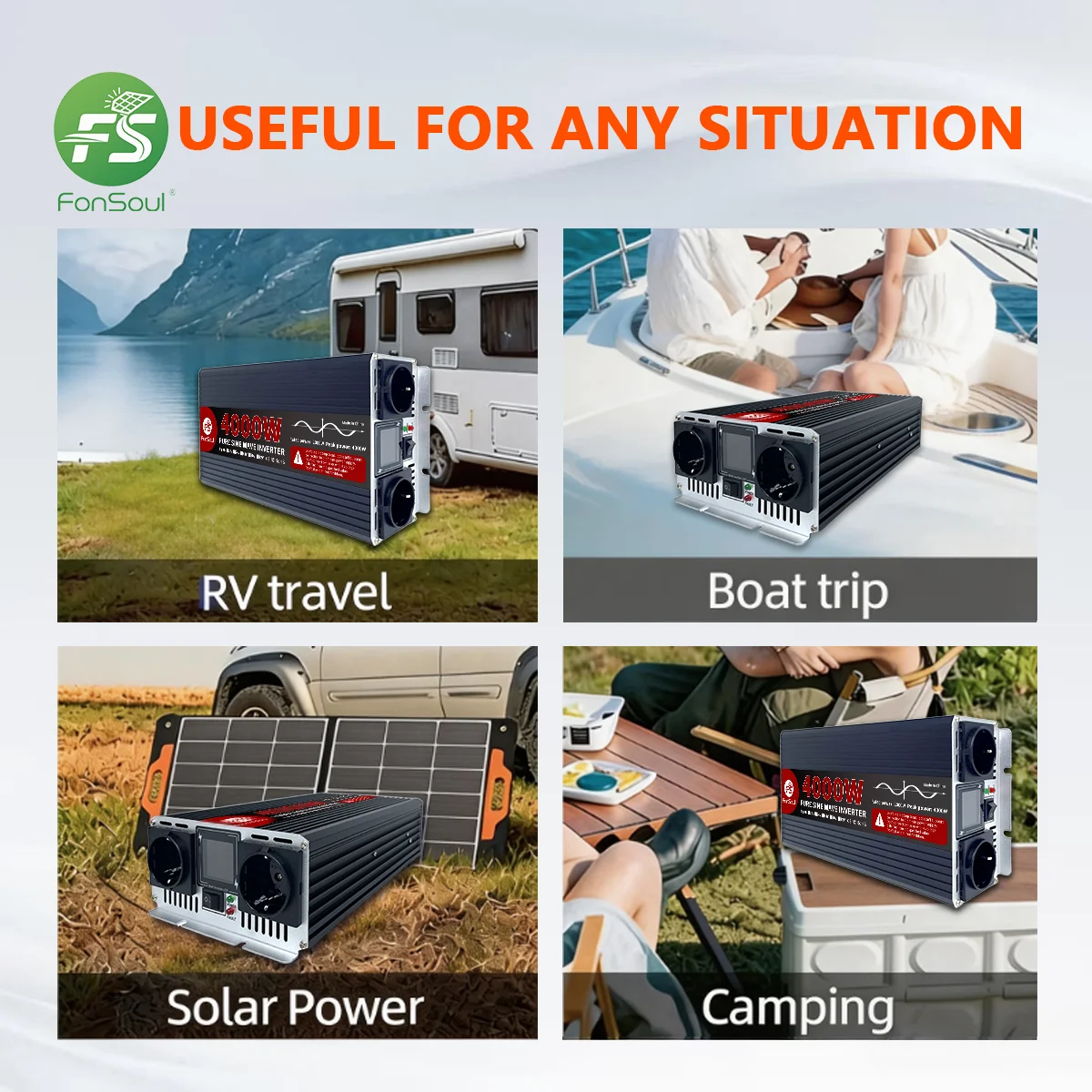 Fonsoul 4KW 12V 24V 48V 72V Pure Sine Wave Inverter 110V 220V 2 Universal or Europe Outlet for Solar Automobile Home Appliance