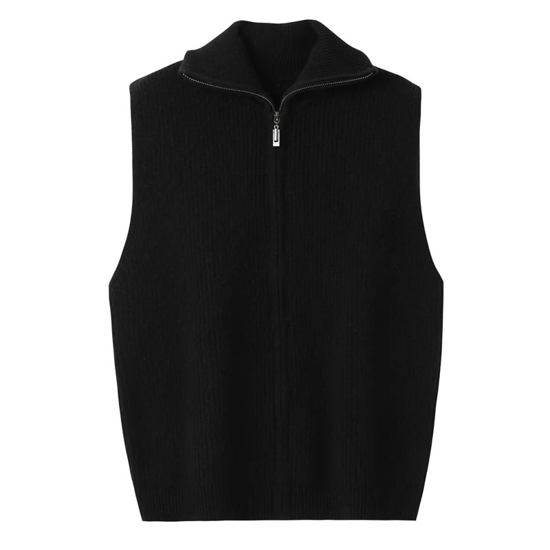 Women Cashmere Waistcoat Zippers Mock Neck Sweater Cardigan Autumn Winter 100% Merino Wool Knitted Striped Sleeveless Thick Vest