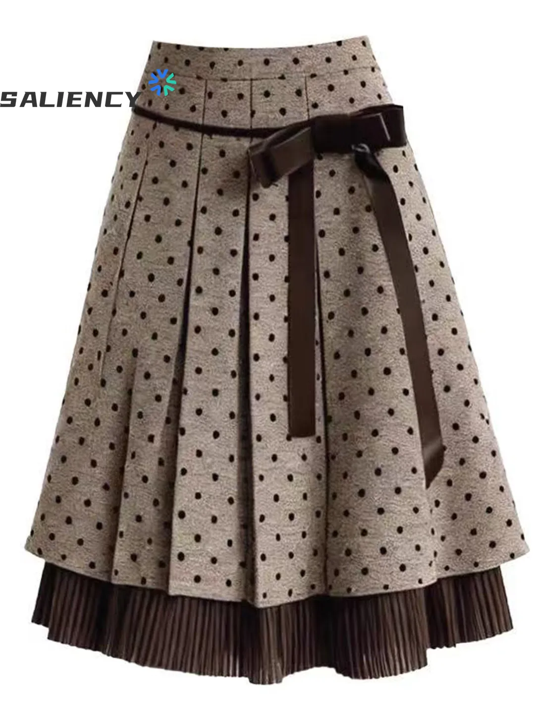 

SALIENCY Retro Polka Dot Pleated Skirt Women's Autumn Winter Wool Velvet Bow A-Line Thickened Midi Skirt Japanese Vintage Skirts