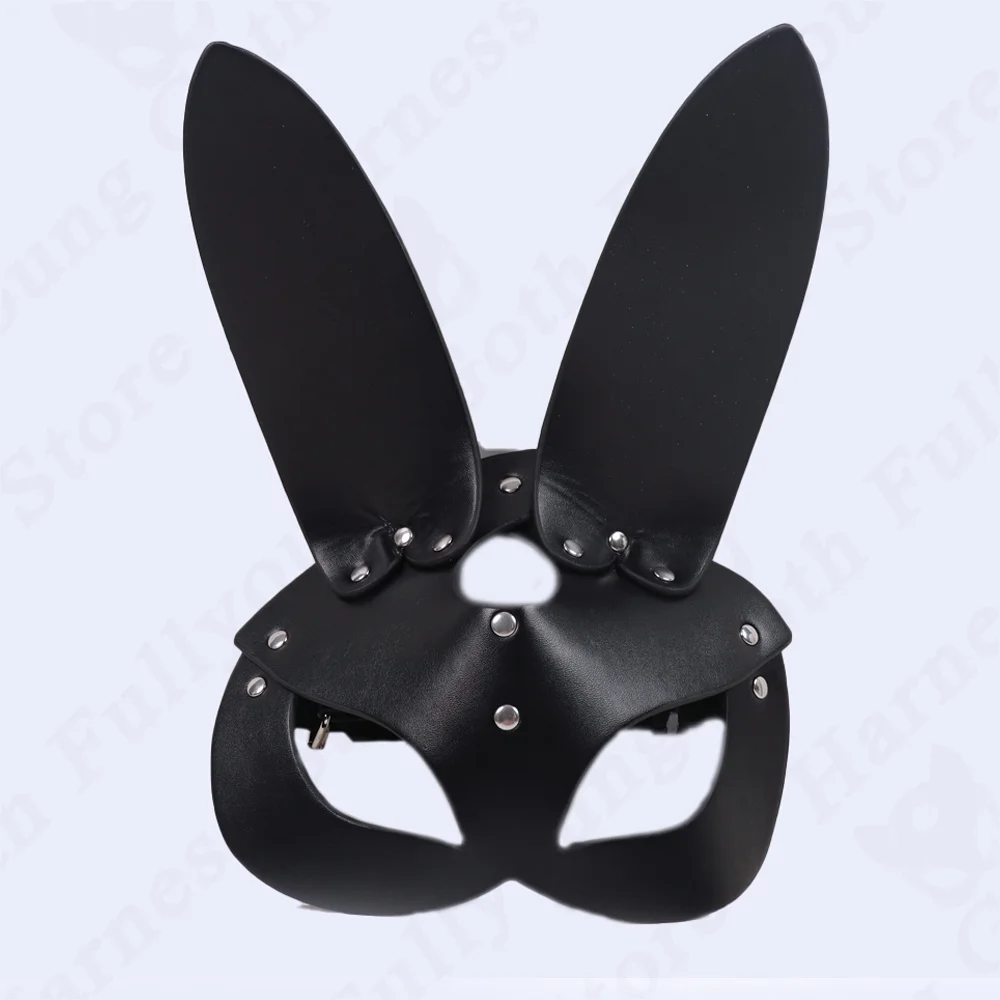 BDSM Face Harness Pu Leather Long Ears Bunny Mask Cosplay Women Fetish Sexy Carnival Festival Masquerade Party Half Eye Facewear