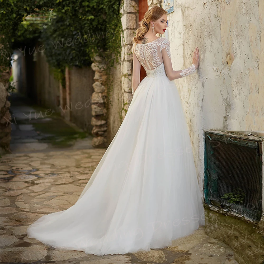 Robes de mariée élégantes à col rond pour femmes, robe de mariée à manches longues, appliques de dentelle modernes, tenue de princesse