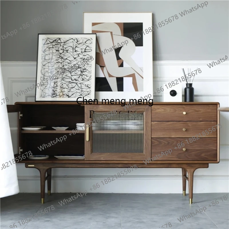 

Nordic solid wood dining side cabinet, black walnut storage, Changhong glass locker, retro.