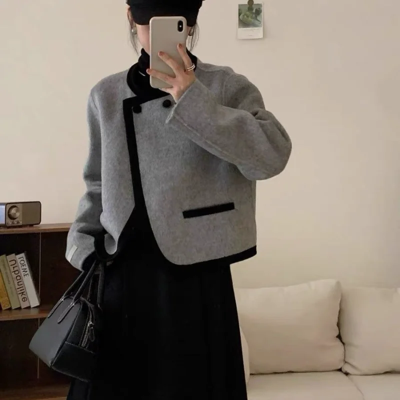 

New Autumn Winter Women's Unique Gray Woolen Jacket High-end Light Mature Style