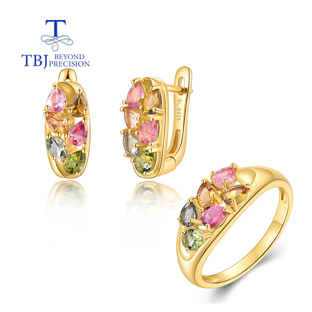 

Elegant fashion multi-colored natural tourmaline Gemstone Ring Earrings jewelry set Women's Anniversary 925 sterling silver gift