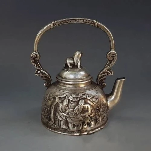 

Chinese Miao Silver Carving Old Man Play Chess Animal Dog Statue Wine Pot Tea Pot Kettle