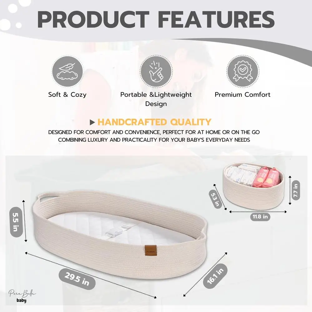 Baby Changing Basket Dresser Top Unisex Moses Babies Cotton Rope Foam Diaper Pad Waterproof Security Belt Lightweight Durable