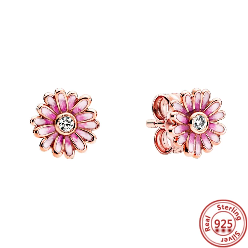 Brand 925 Sterling Silver Fine Earrings Zircon Circle Heart Pink Daisy Shiny DIY Women Studs Original Fine Jewelry Anniversary