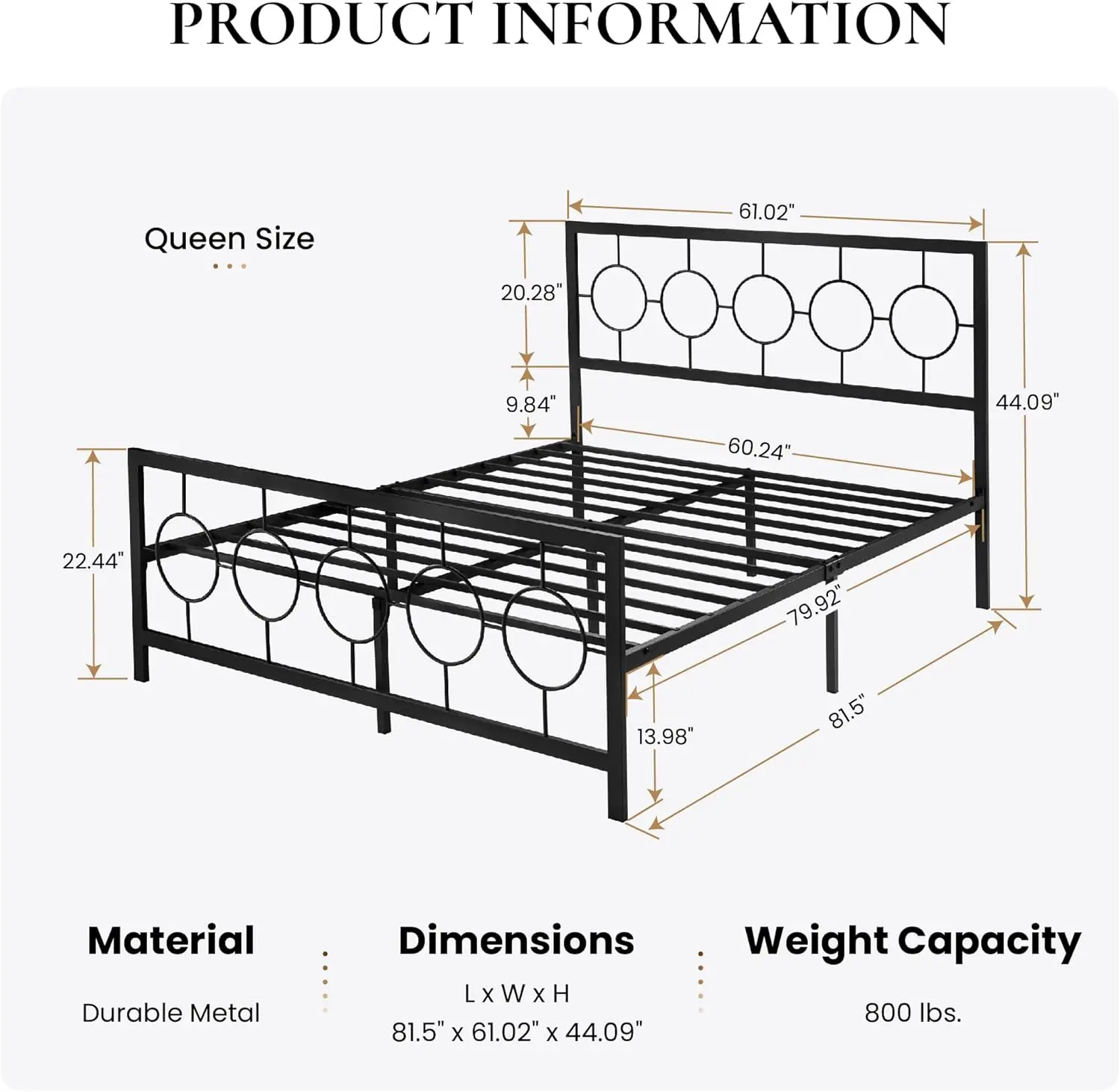 SHA CERLIN Queen Size Metal Bed Frame with Vintage Circular Design Headboard and Footboard,No Box Spring Required