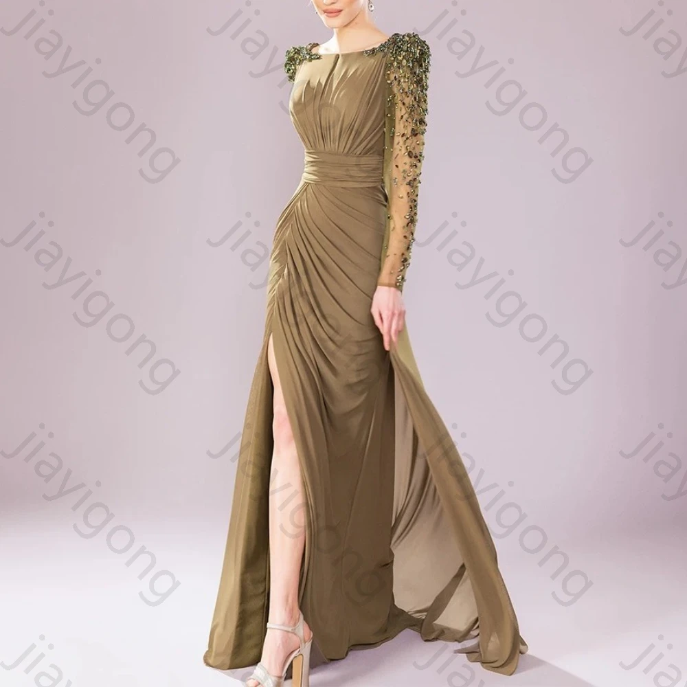 Luxuriöse Hochzeits-Partykleider, Kristall, lange Ärmel, Säulen-Abendkleider, Chiffon, seitlich geteilt, Kleid für die Brautmutter, individuell gestaltet