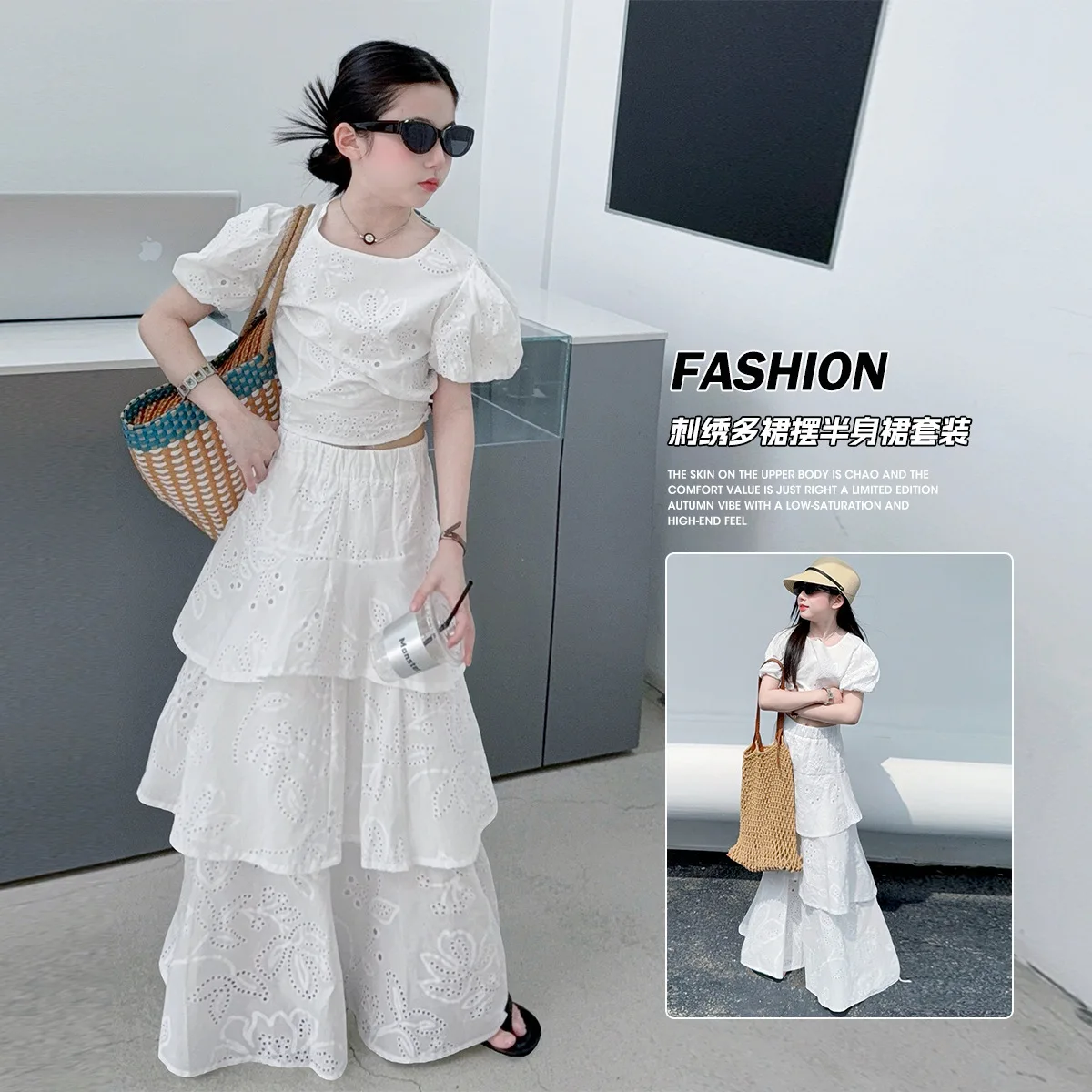 

French teen girl whie skirt set Elegant Bubble Sleeves Short top Cake Half Long Skirt junior kid clothes suit child outfits 4-14