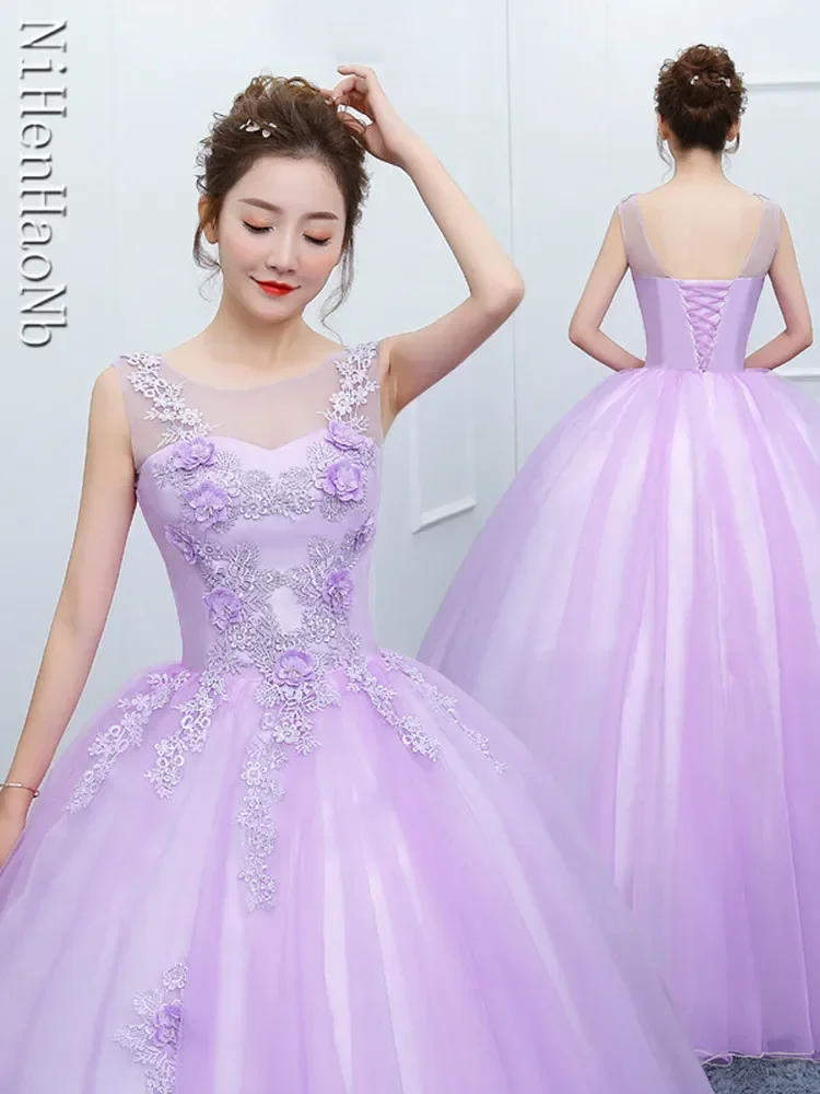 Light Purple Quinceanera Dresses O-nek Appliques Vestidos Sweet 16 Years Party Prom Vintage Floor-Length Ball Gown Summer