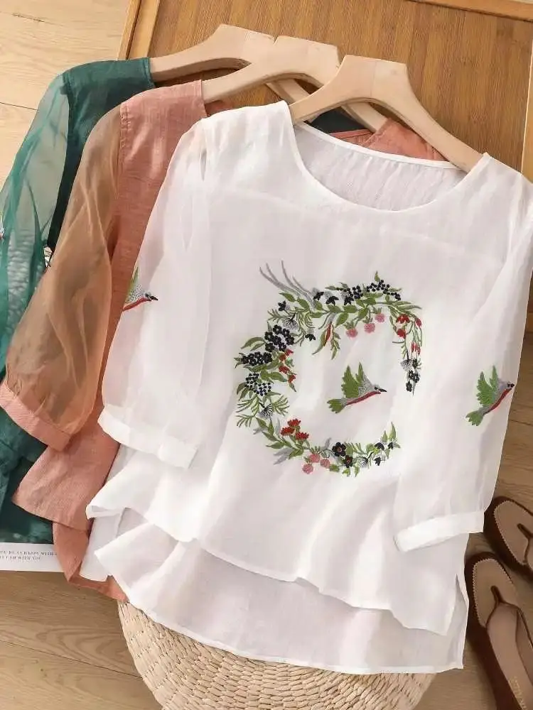 Elegant Pure Cotton Linen Shirt Casual Summer Women O-Neck Embroidery Short Sleeve Solid Pullover Top Fashion Blouse A97