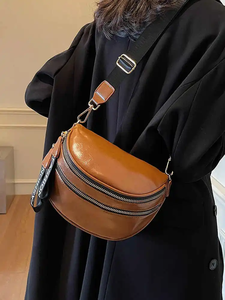 Fashion Double Zipper Design Crossbody Bag For Women Spring Autumn New Splicing Color Style Wide Shoulder Strap Underarm Bag