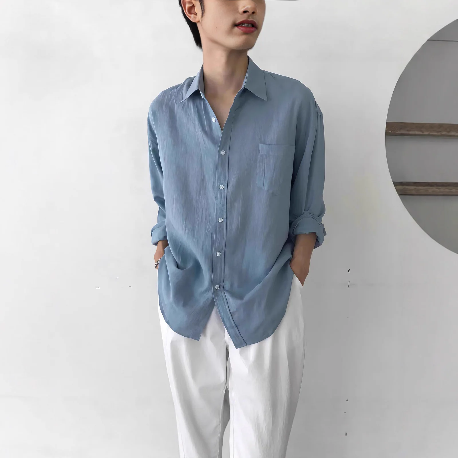 Brown Linen Pocket Loose Long Sleeve Shirt Men's Casual Sun Protection Top