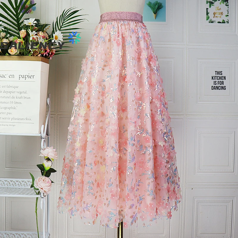 SALIENCY Weet Fairy Glitter Sequins Embroidery Flowers Mesh Skirt for Women Spring Summer Middle Length Princess Party Skirt