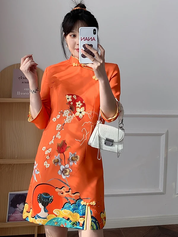 

Летнее платье Ele больших размеров с боковыми разрезами Midi Qipao Свободный крой с эффектом похудения Повседневная длина в китайском стиле Sle Sve