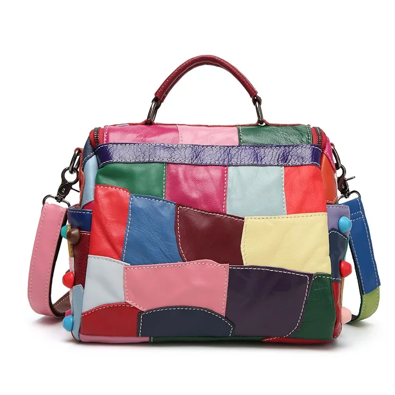 Sac à message en cuir souple pour femme, patchwork multicolore, sacs de voyage de rue initiés, filles