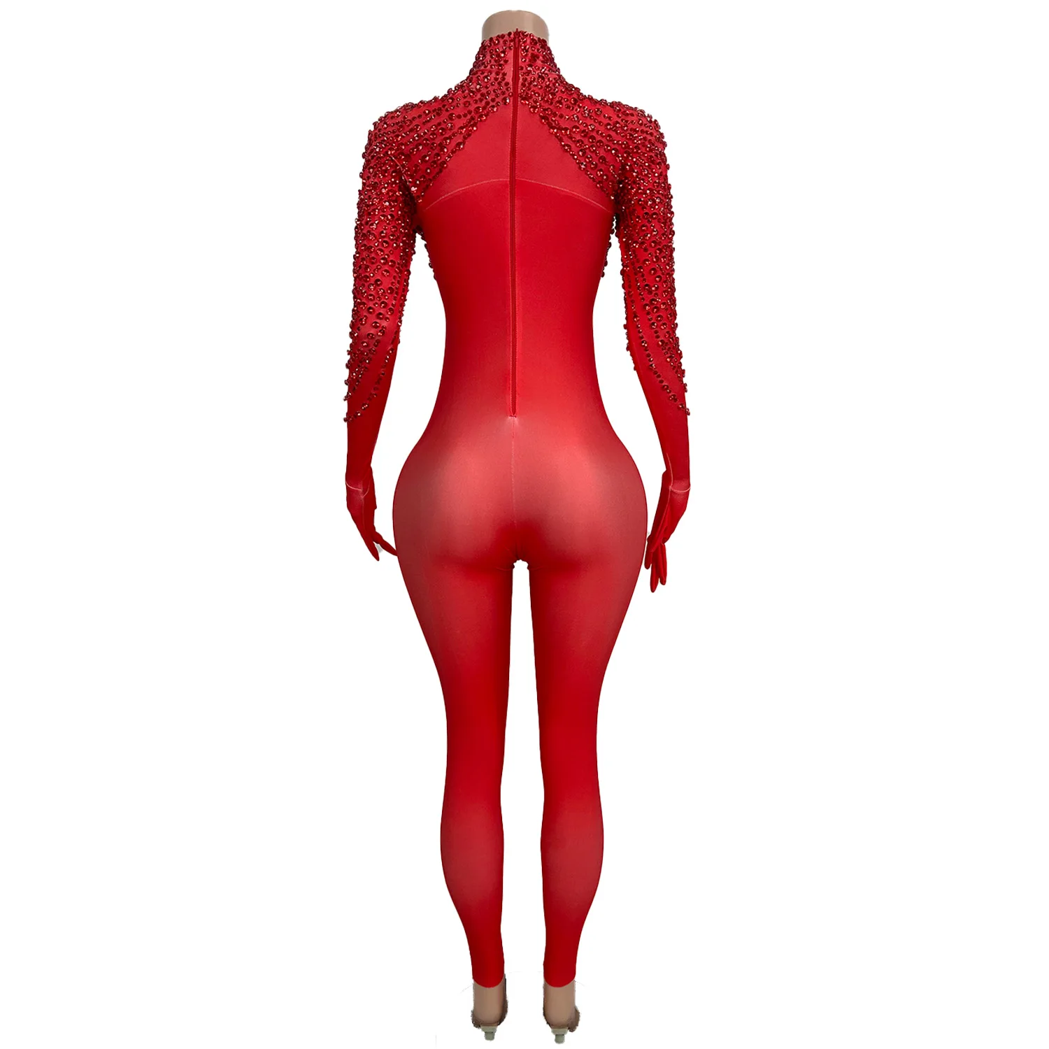 High Elasticity Large Sized Women Jumpsuit Shiny Red Shawl Rhinestone Tight Pants with Glove Acrobatic Pole Dance Costume pijian