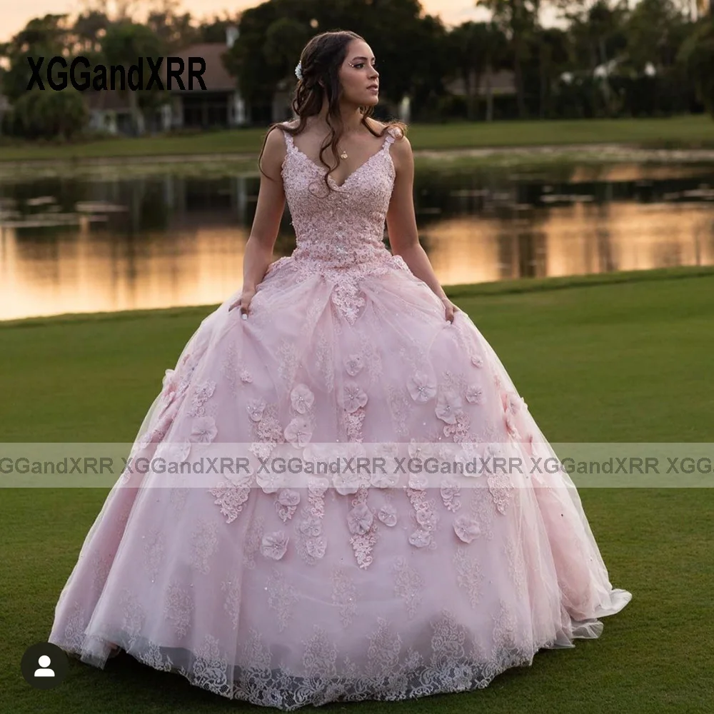 Mooie Roze Baljurk Quinceanera Jurk 2024 3d Bloemen Tule Prinses Sweet 16 Vestido De Xv Años Brithday Party Jurk V-Hals