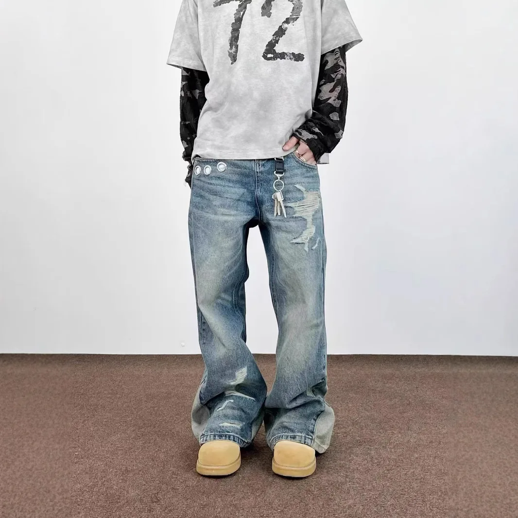 

American High Street Vintage New Fashion Men's Light Blue Casual Trendy Loose Straight Hole Patched Denim Trousers Male Jeans