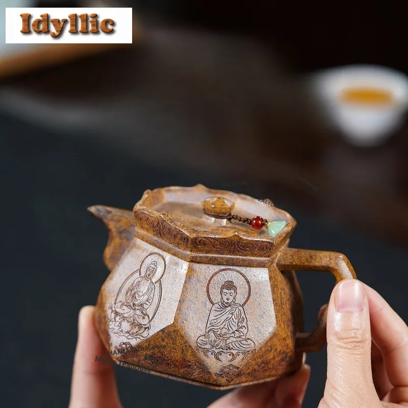 300ml Antique Yixing Purple Clay Teapots Master Handmade Diamond Mitral Cap Pot Raw Ore The Keel Gold Sand Mud Kettle Zisha Tea