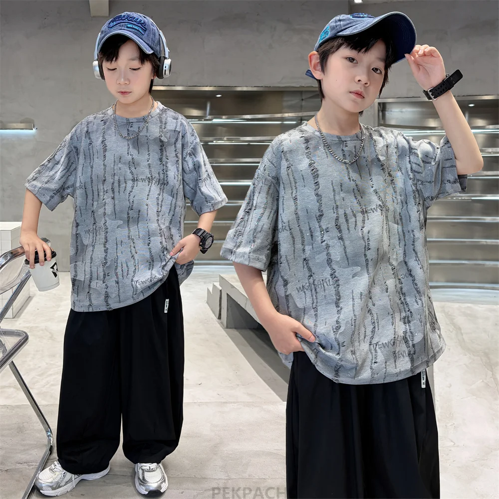New Designer Kids Summer Short Sleeve Silver Speckled T-shirt for Boys Age 5 To 14 Years Children Cotton Tshirt Casual Tee Tops