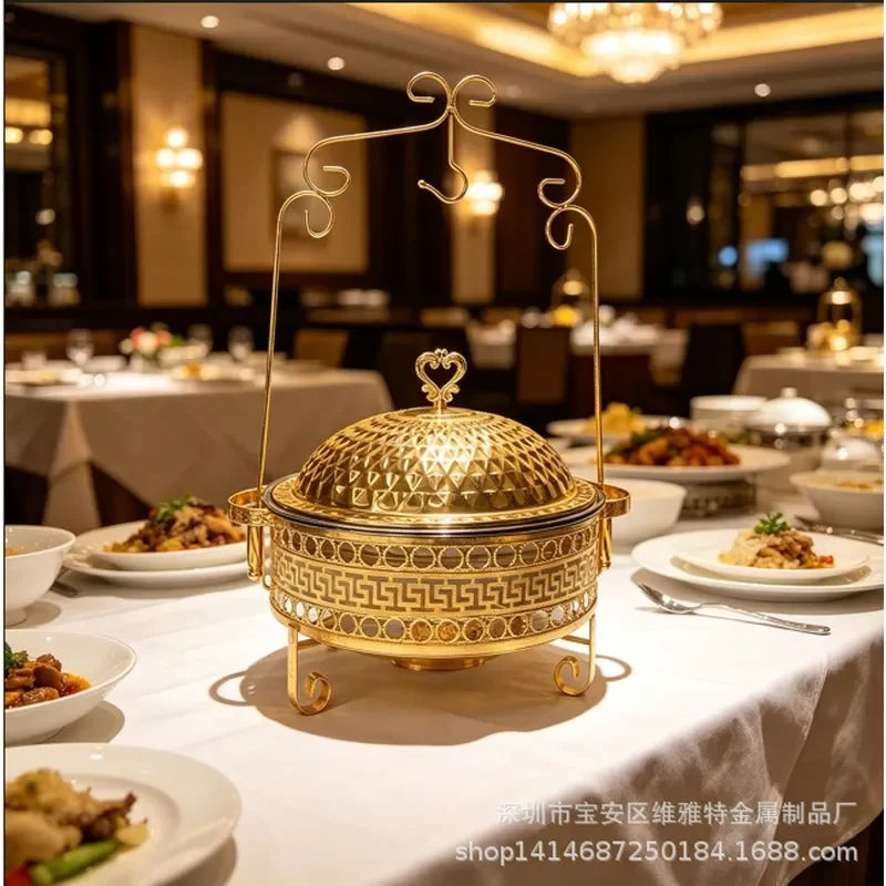 Stainless Steel Alcohol Stove Portable Wrought Iron Lace Gold Pot with Spoon Light Luxury Ceramic Buffet Warmer for Home