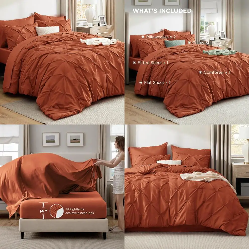 

Burnt Orange 7-Piece Queen Bedding Set: Pintuck Comforter, Sheets, Pillowcases & Shams - Perfect Gift for Family