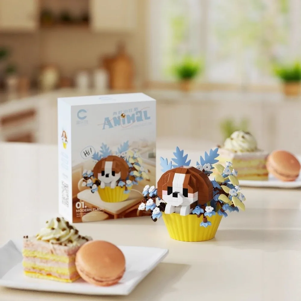 New Dessert Theme Building Blocks Cartoon Animals Plastic Building Bricks Cute Cat Dog Rabbit Desktop Ornaments Home Decor