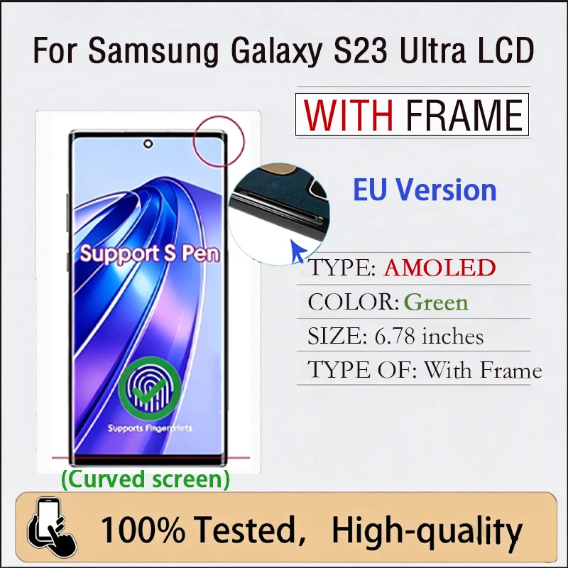 S23U Scherm voor Samsung Galaxy S23 Ultra S918 6.8" Super AMOLED Display Touchscreen Digitizer Assemblage Ondersteunt S Pen Vingerafdruk Onderdelen