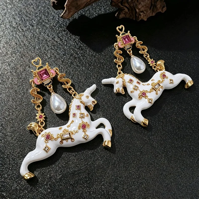 Vintage Carousel Unicorn Earrings Heavy Colorful Rhinestone Inlay French Court Style Drop Earrings