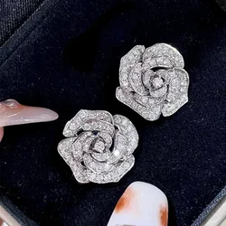 French Celebrity Style Earrings Vintage Hollow out Camellia Flower Zircon Earrings Valentine's Day Gift Accessories