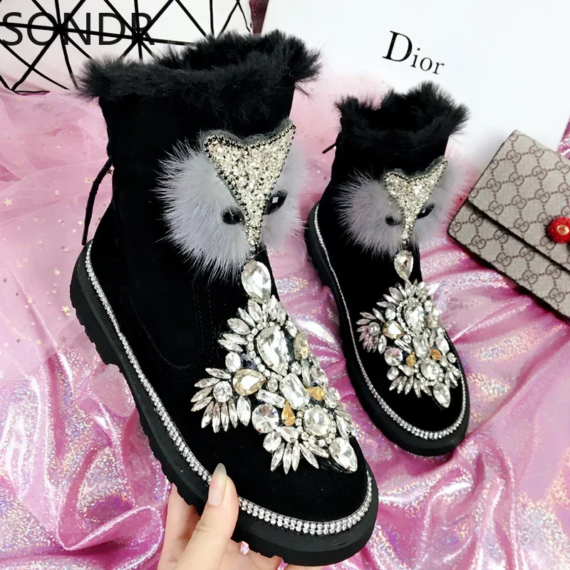 Womens Ankle Boots Rhinestones Crystal Fur Fox Decor Diamond Bling Genuine Leather Flat Warm Snow Thick Winter Black Shoes C881