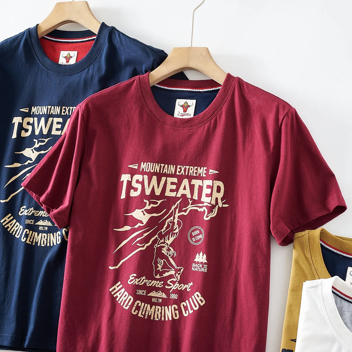 2025 Summer American Retro Short Sleeve O-neck Letter Climbing Club Printed T-shirt Men's Fashion 100% Cotton Washed Casual Tops