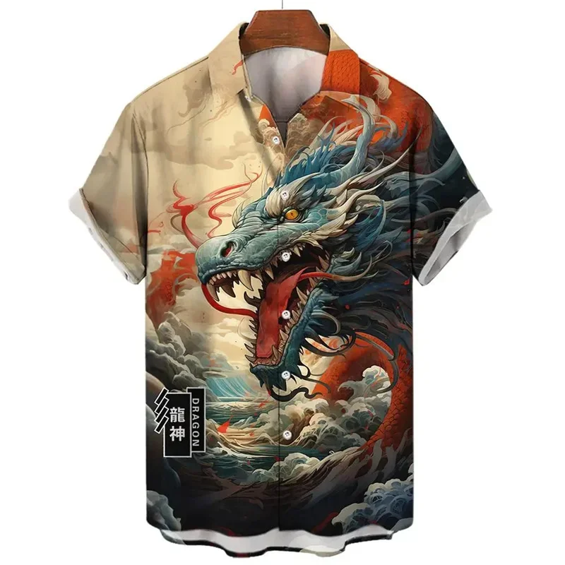 Dragon Pattern Hawaiian Shirt For Men Exquisite 3D Print Short Sleeve Blouse Street Casual Beach Lapel Tops Loose Aloha Shirts