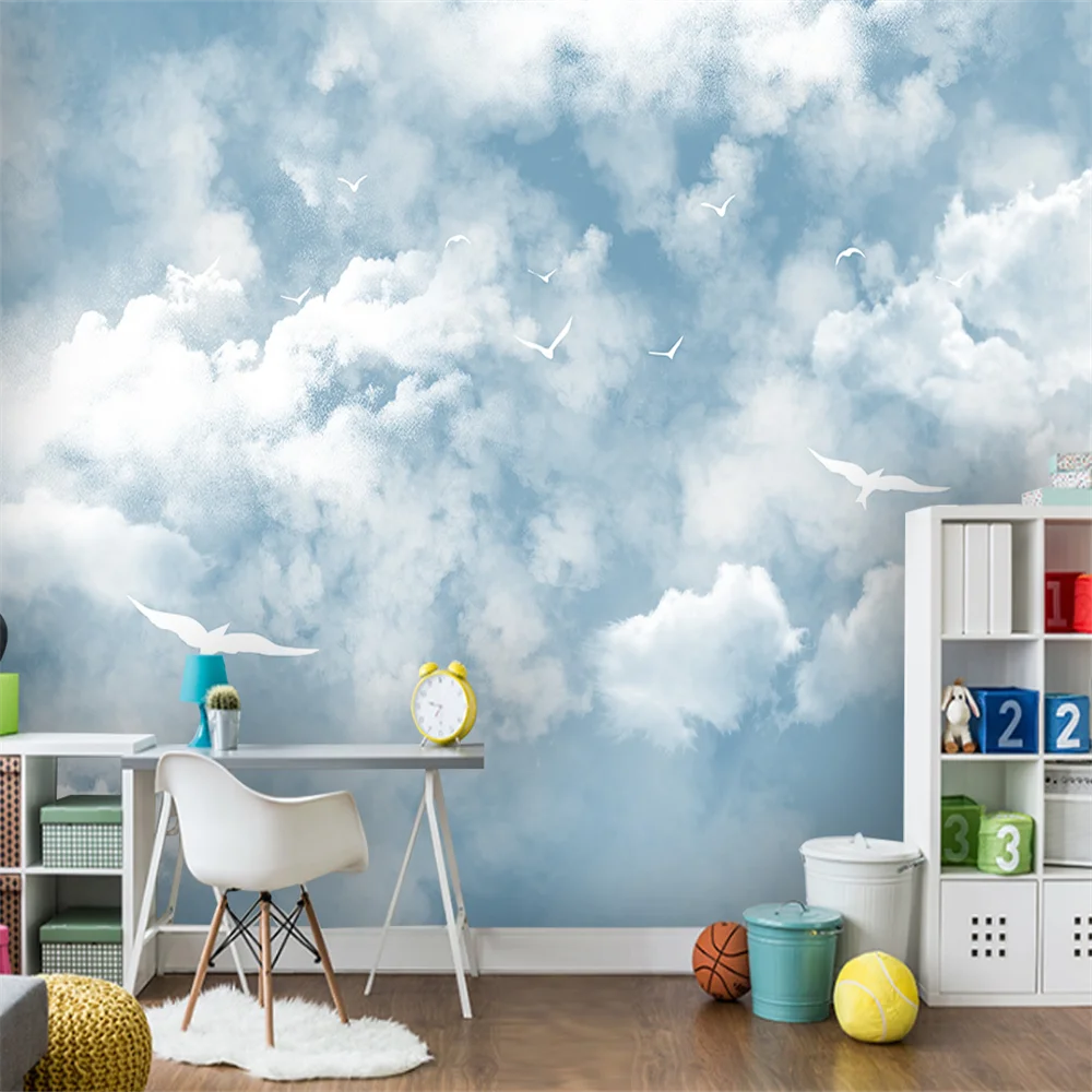 Custom Modern minimalist blue sky white clouds mural wallpaper children's room background photo wall paper home decor stickers